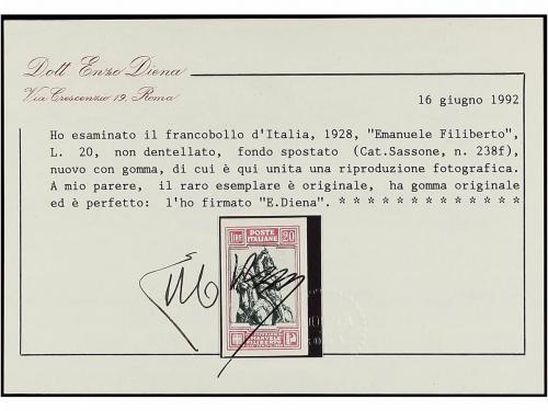 * ITALIA. Sa. 238h. 1928. 20 liras violeta y verde SIN DENTA