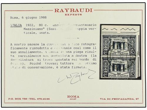 */° ITALIA. Sa. 130. 1922. 80 cts. azul. Sello y pareja, VAR