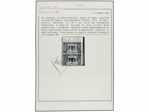 */° ITALIA. Sa. 130. 1922. 80 cts. azul. Sello y pareja, VAR