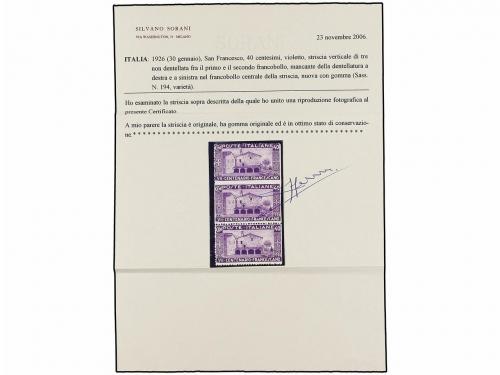 * ITALIA. Sa. 194. 1926. 40 cts. violeta. Tira de tres verti