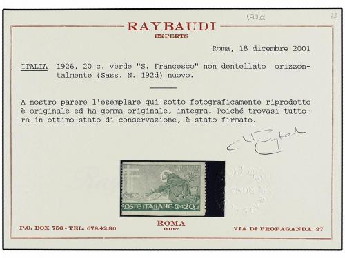 ** ITALIA. Sa. 192d. 1926. 20 cent. verde SIN DENTADO HORIZO