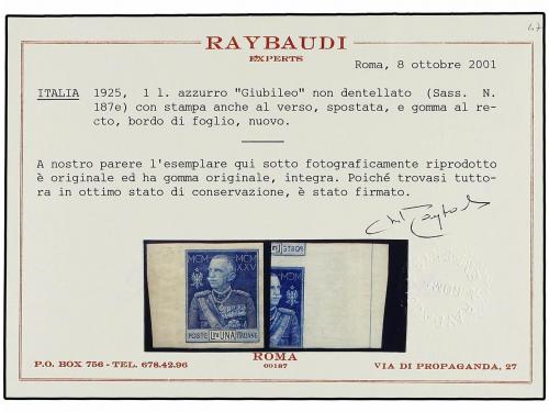 ** ITALIA. Sa. 187a. 1 Lira azul SIN DENTAR. IMPRESIÓN RECTO