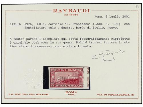 * ITALIA. Sa. 195faa. 60 cts. carmín SIN DENTAR POR TRES LAD