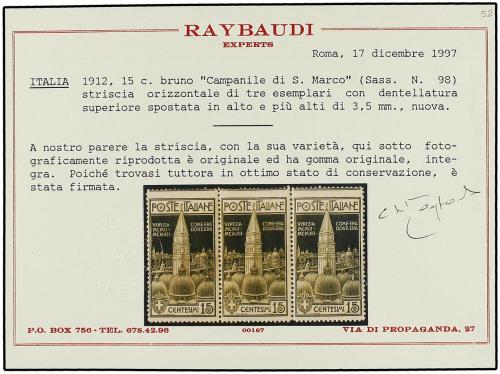 * ITALIA. Sa. 98. 15 cts. castaño. Tira de tres DENTADO SUPE