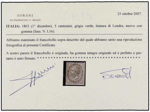 ** ITALIA. Sa. L 16. 5 cts. gris. Muy bonito ejemplar. Cert.