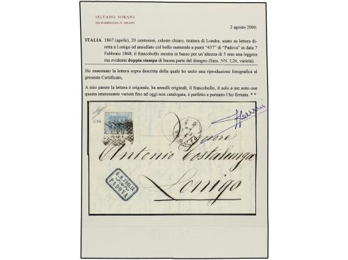✉ ITALIA. Sa. L26. 1868. PADOVA a SONIGO. 20 cents. azul, li