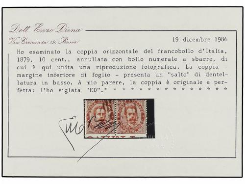 ° ITALIA. Sa. 38f. 1879. 10 cts. carmín. Pareja SIN DENTAR M