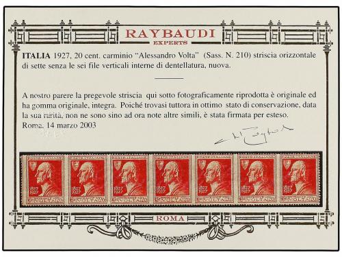 ** ITALIA. 1927. 20 cts. carmín. Tira de siete SIN DENTAR EN