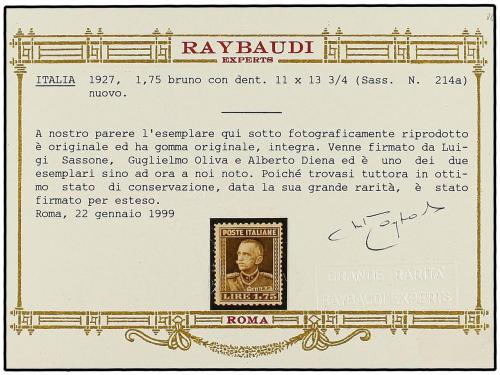 ** ITALIA. 1927. 1,75 liras castaño DENTADO 11 x 13 1/2. RAR