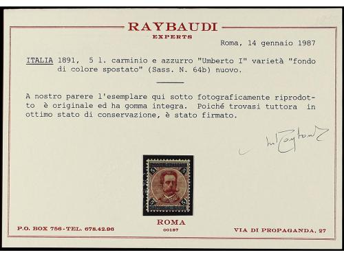 ** ITALIA. Sa. 64b. 5 Liras azul y rojo COLOR AZUL DESPLAZAD