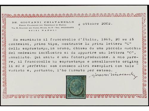 ° ITALIA. Sa. 23. 20 cts. s. 15 cts. azul. Primera "C" semej