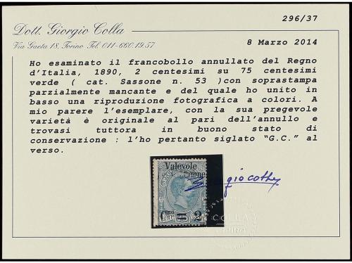 ° ITALIA. Sa. 53. 2 cts. s. 75 cts. verde. IMPRESIÓN PARCIAL