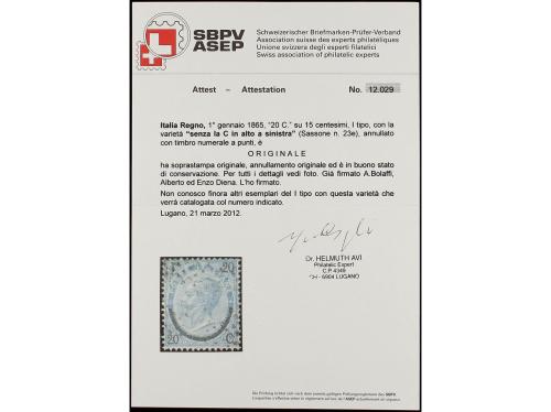 ° ITALIA. Sa. 23e. 20 cts. s. 15 cts. azul, tipo I. SOBRECAR