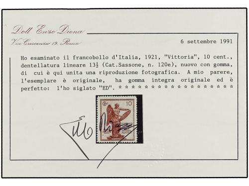 ** ITALIA. Sa. 120a. 10 cent. rojo, DENTADO 13 1/2. Cert. E.