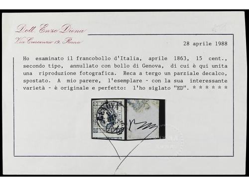 ° ITALIA. Sa. 13 var. 1863. 15 c. azul, II tipo. Variedad CA