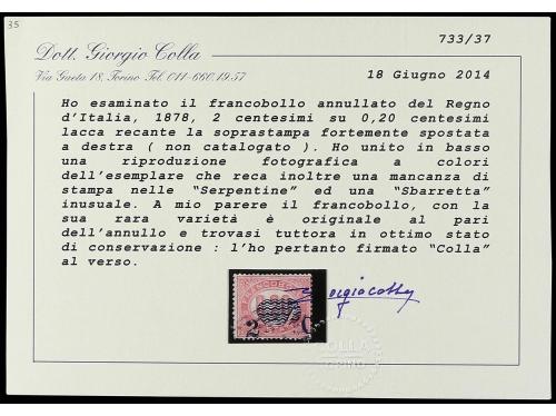 ° ITALIA. Sa. 31ea. 1878. 2 c. s. 0,20 carmín. Variedad SOBR