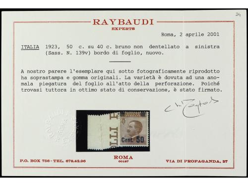 * ITALIA. Sa. 139v. 50 c. sobre 40 c. castaño. Variedad SIN 