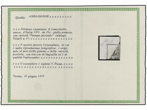 * ITALIA. 1901. 20 cts. naranja. IMPRESIÓN PARCIAL. Muy boni