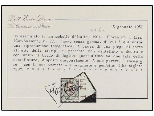 (*) ITALIA. 1901. 1 lira verde y castaño. SIN DENTAR MARGEN