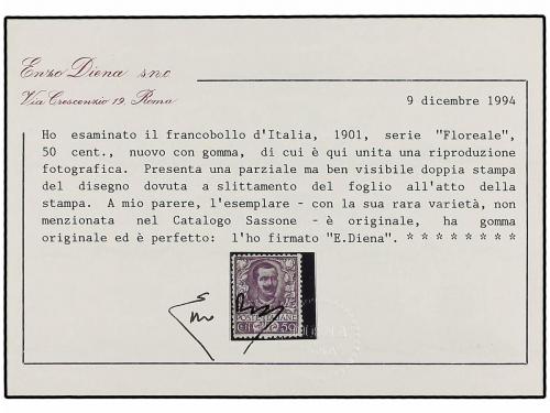 * ITALIA. 1901. 50 cts. violeta DOBLE IMPRESIÓN. RARÍSIMO y