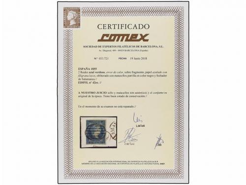 Δ ESPAÑA. Ed. 42ec. 2 reales azul ERROR DE COLOR, mat. PARRI