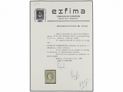 * ESPAÑA. Ed. 51. 2 cuartos verde. PIEZA DE LUJO. Cert. EXFI
