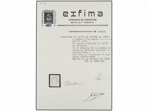 (*) ESPAÑA. Ed. 56. 2 reales violeta. PIEZA DE LUJO. Cert. E