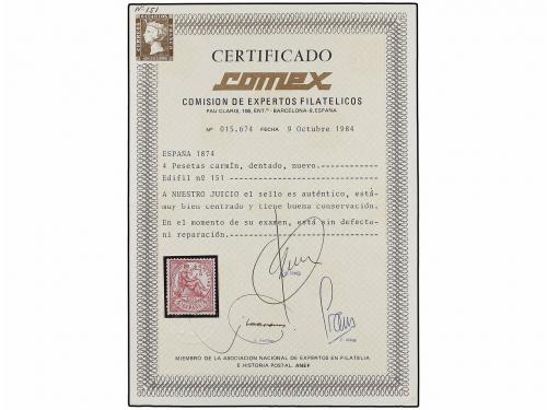 * ESPAÑA. Ed. 151. 4 pts. carmín. PIEZA DE LUJO. Cert. COMEX