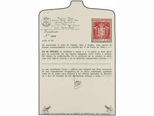 (*) ESPAÑA. Ed. 25. 2 reales bermellón. PIEZA DE LUJO. Cert.