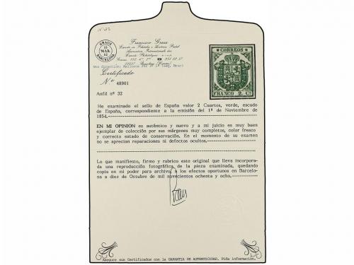 * ESPAÑA. Ed. 32. 2 cuartos verde. PIEZA DE LUJO. Cert. GRAU