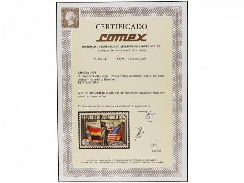 ** ESPAÑA. Ed. 765. Aéreo + 5 pts. multicolor. LUJO. Cert. C