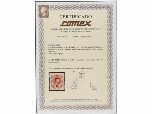 * ESPAÑA. Ed. 279ec. 4 pts. carmín ERROR DE COLOR, perforaci