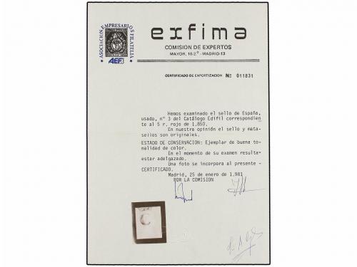 ° ESPAÑA. Ed. 3. 5 reales rojo, mat. "C" CORONADA de CÁCERES