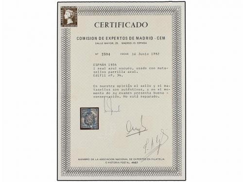 ° ESPAÑA. Ed. 34. 1 real azul, mat. PARRILLA AZUL. PRECIOSO.