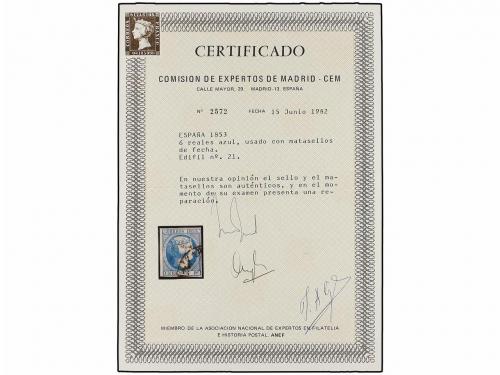 ° ESPAÑA. Ed. 21. 6 reales azul, mat. fechador ZARAGOZA/ARAG