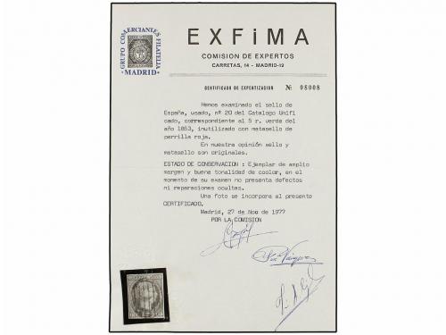 ° ESPAÑA. Ed. 20. 6 reales verde, mat. PARRILLA ROJA. LUJO. 