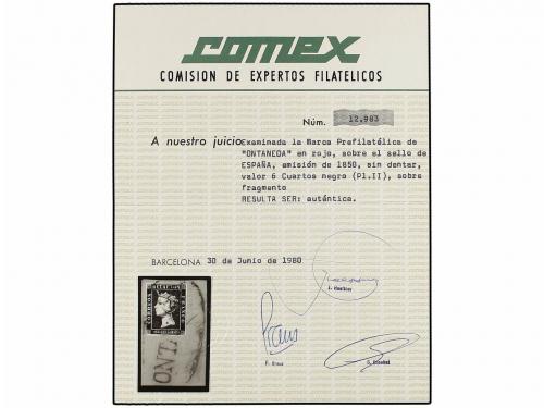 ¿ ESPAÑA. Ed. 1A. 6 cuartos negro, mat. ONTANEDA en rojo sob