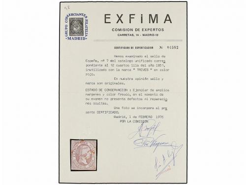 ° ESPAÑA. Ed. 7. 12 cuartos lila, mat. prefilatélico TRIVES