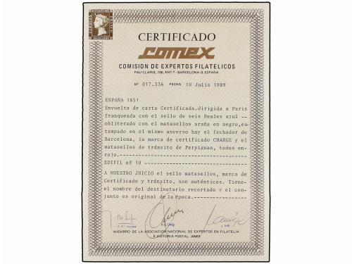 ¿ ESPAÑA. Ed. 10. 1851. BARCELONA a PARÍS. 6 reales azul, ma