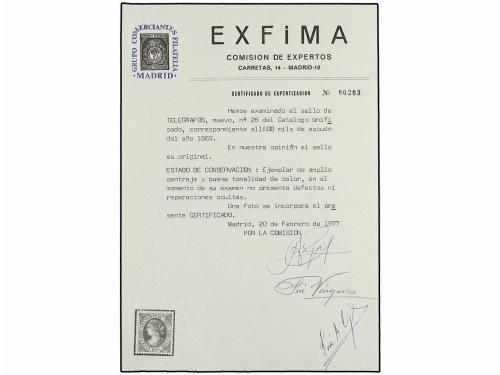 * ESPAÑA: TELEGRAFOS. Ed. 26, 28. 100 mils. azul y 1 Esc. 60