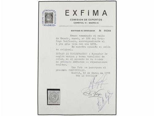 * ESPAÑA. Ed. 186s. 1 pta. gris SIN DENTAR. MAGNÍFICO. Cat.