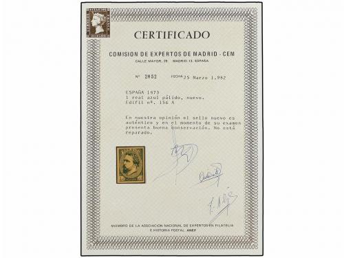 ** ESPAÑA. Ed. 156A. 1 real azul. PIEZA DE LUJO. Cert. CEM.