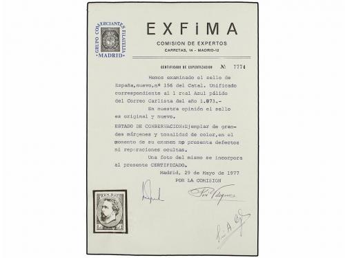 ** ESPAÑA. Ed. 156. 1 real azul. PIEZA DE LUJO. Cert. EXFIMA