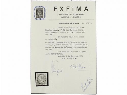 * ESPAÑA. Ed. 91. 10 cent. verde. PIEZA DE LUJO. Cert. EXFIM