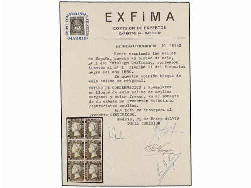 ** ESPAÑA. Ed. 1 (6). 6 cuartos negro. Bloque de seis, plena