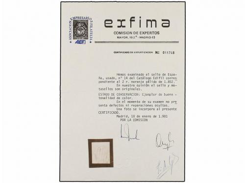 ° ESPAÑA. Ed. 14. 2 reales naranja, mat. PARRILLA AZUL. Márg