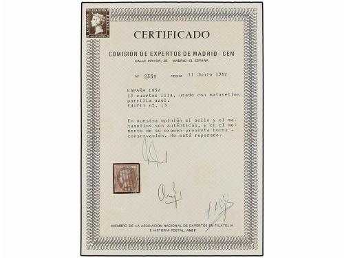 ° ESPAÑA. Ed. 13. 12 cuartos lila, mat. PARRILLA AZUL. PIEZA
