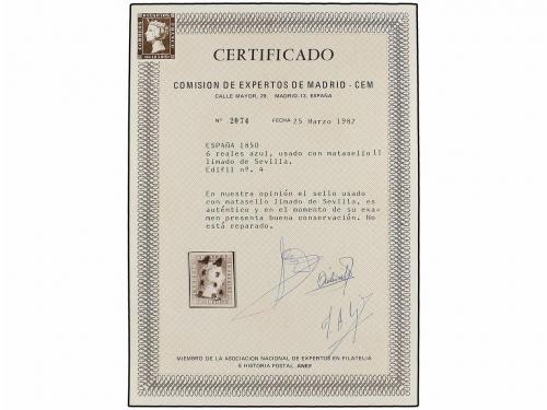 ° ESPAÑA. Ed. 4. 6 reales azul, mat. "11" LIMADO DE SEVILLA.