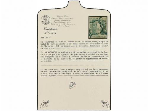 ° ESPAÑA. Ed. 5. 10 reales verde, mat. ARAÑA AZUL. MAGNÍFICO