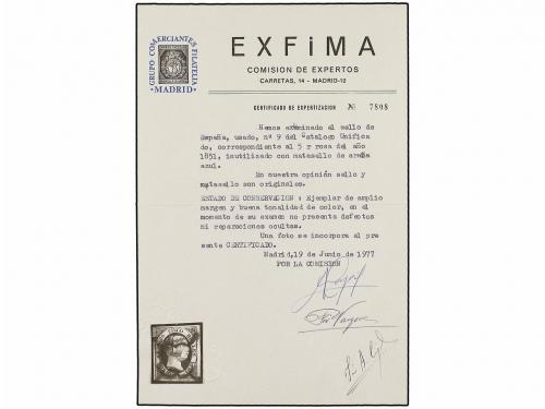 ° ESPAÑA. Ed. 9. 5 reales rojo, mat. ARAÑA AZUL. Muy bonito